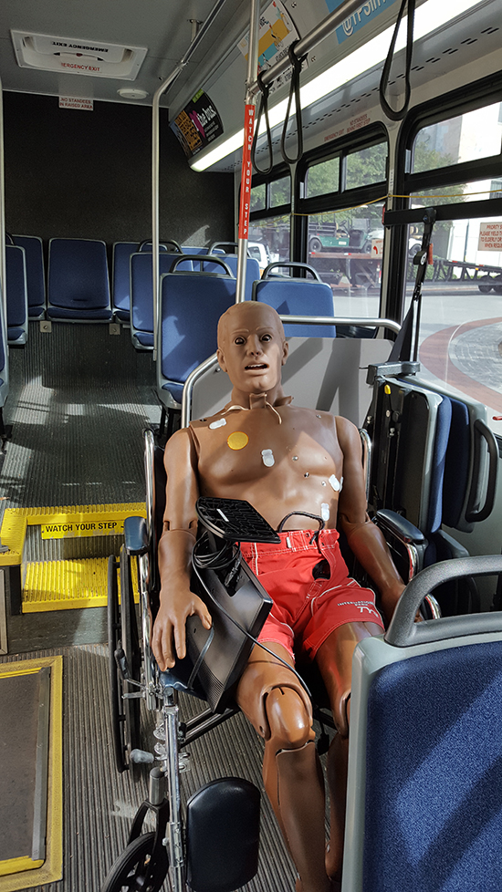 Hal, a manikin from Emory’s Center for Experiential Learning, appears to be enjoying an outing to Emory University Hospital Midtown on the shuttle.