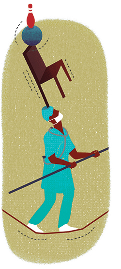 Illustration: Doctor walking a tightrope balancing a chair, ball, and bowling ball.