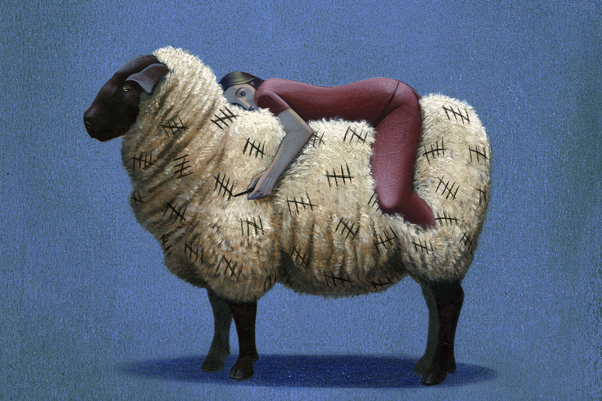 Illustration of a person sleeping atop a sheep.