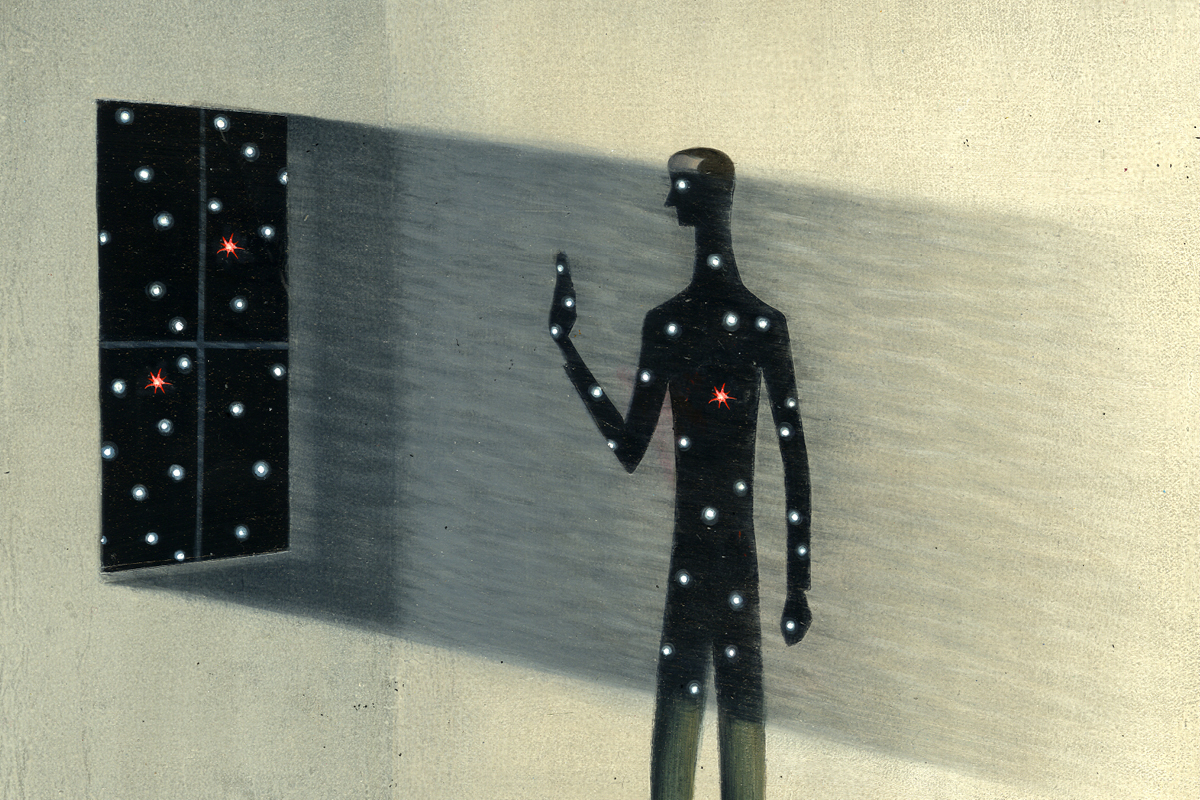 Illustration of a figure looking out a window to stars, with the figure's heart highlighted as a star.
