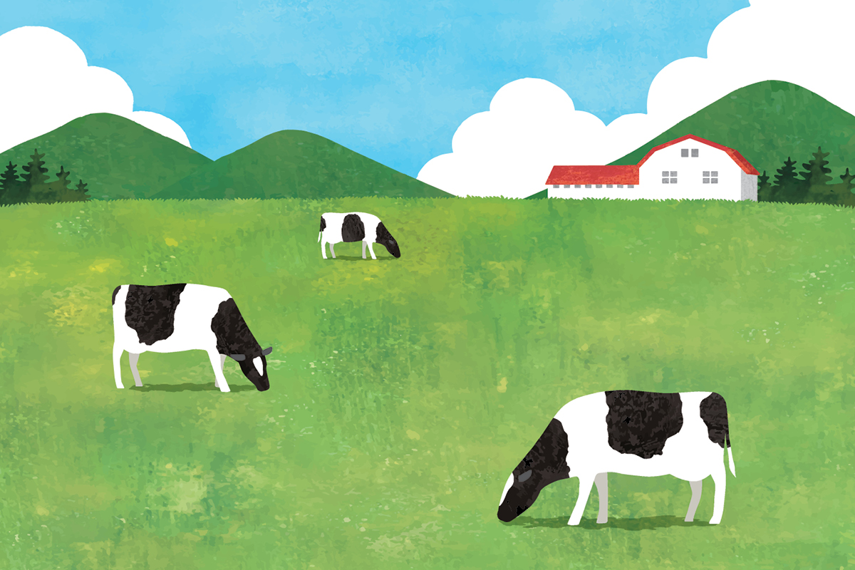 Illustration of cows grazing in green grass with a red-roofed barn peeking over the horizon of the field in the background.