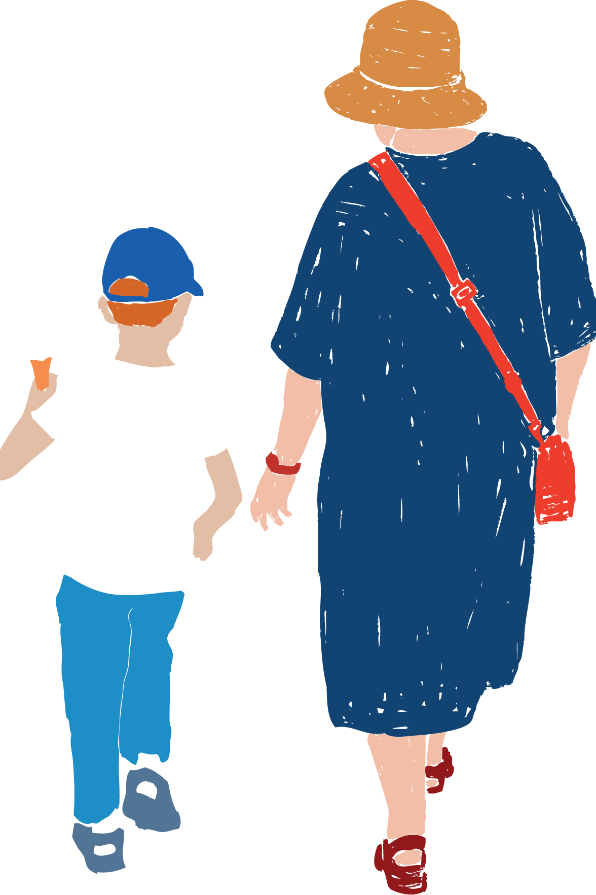 an illustration from behind of an older woman walking with a child 