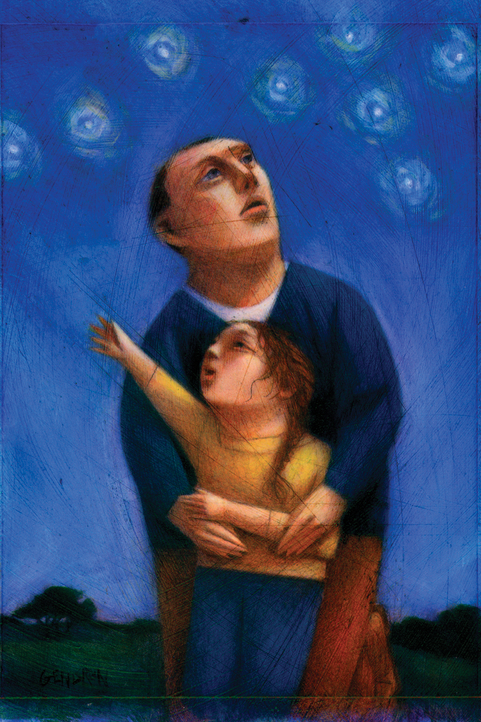 An illustration of a parent holding a child