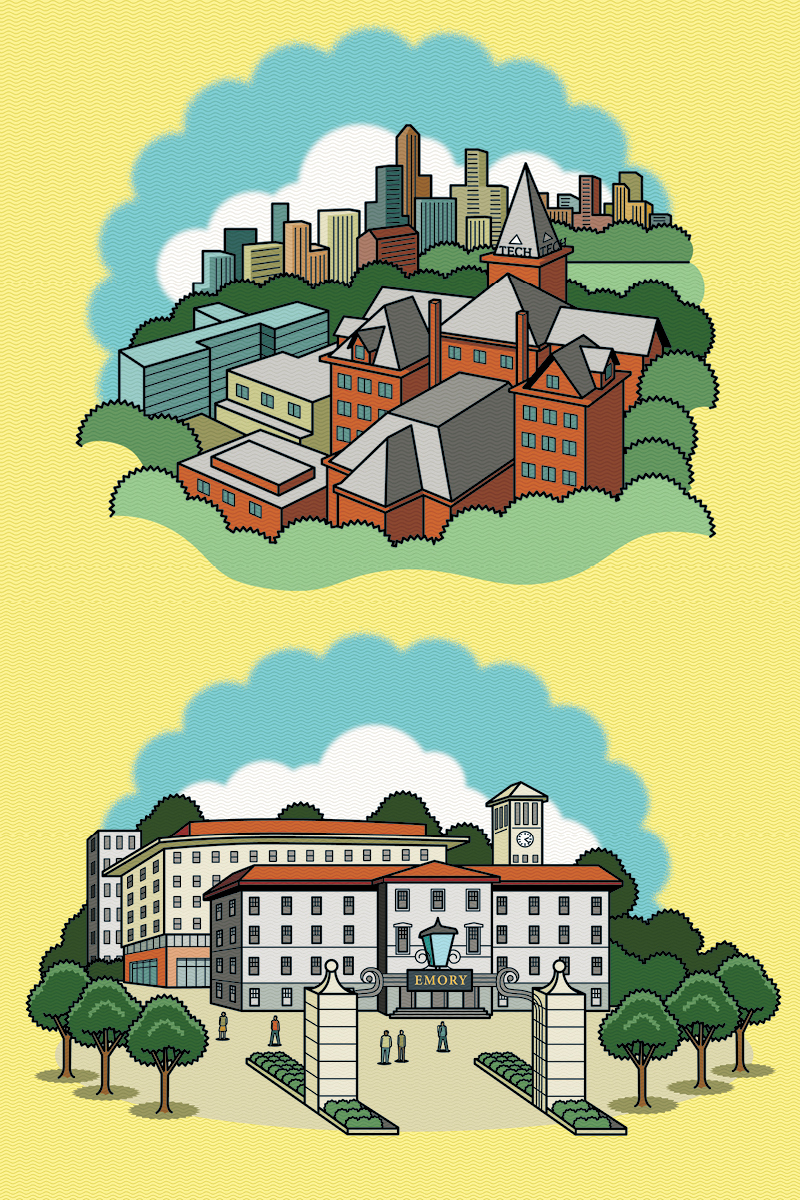 an illustration depicting the Georgia Tech campus and Emory campus from above